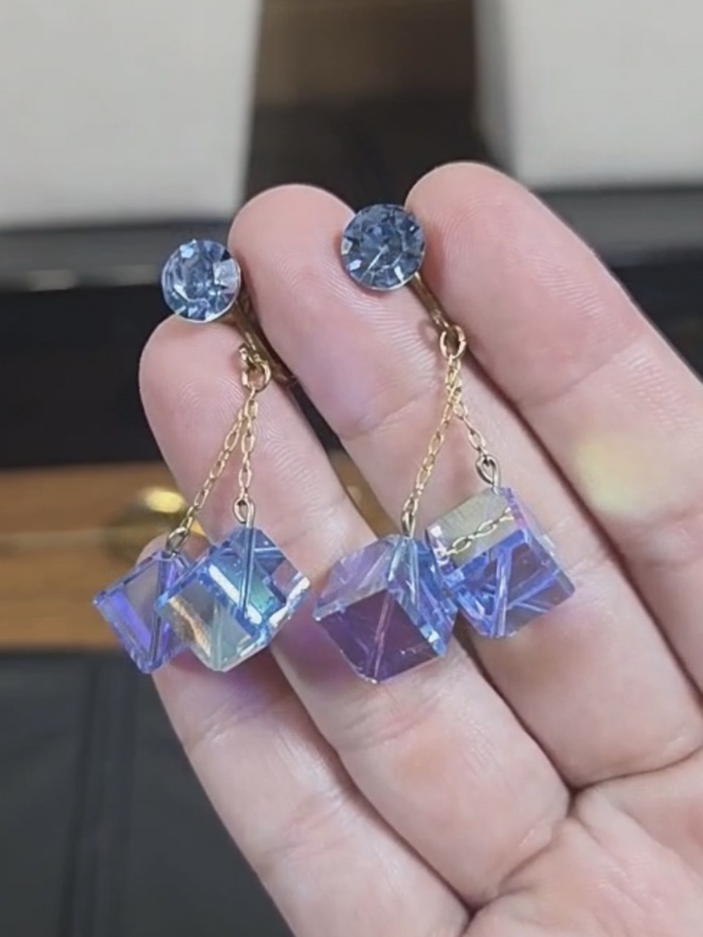 Iridescent Blue Cube Drop Earrings with Gold Chains - Women Jewelry